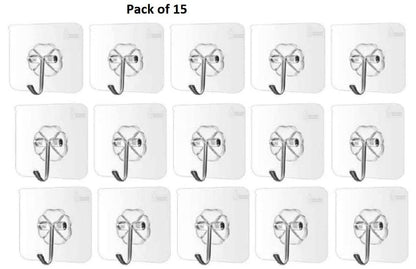 Self Adhesive Waterproof Transparent Hooks for Wall (Pack of 15)